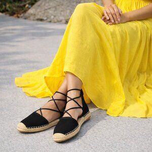 Eileen Fisher Black Suede Espadrille Flats Ankle Wrap Zip Women 8.5